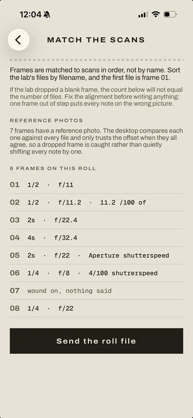 Match the scans on the phone: the eight frames of the roll listed with their readings, and the key to send the roll file.