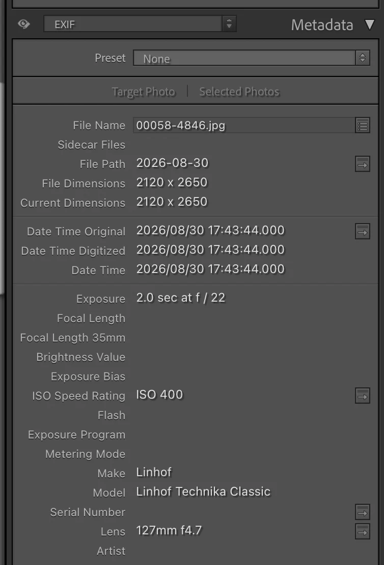 Lightroom's EXIF metadata panel for one scan: 2.0 sec at f/22, ISO 400, Date Time Original 30 August 2026 17:43, Linhof Technika Classic, 127mm f4.7.